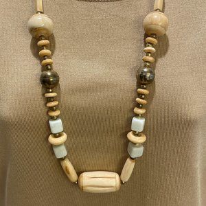 VGUC Vintage 1970's Bead & Pendant Necklace, Multi-Shape White-Sand Beads, 30" L